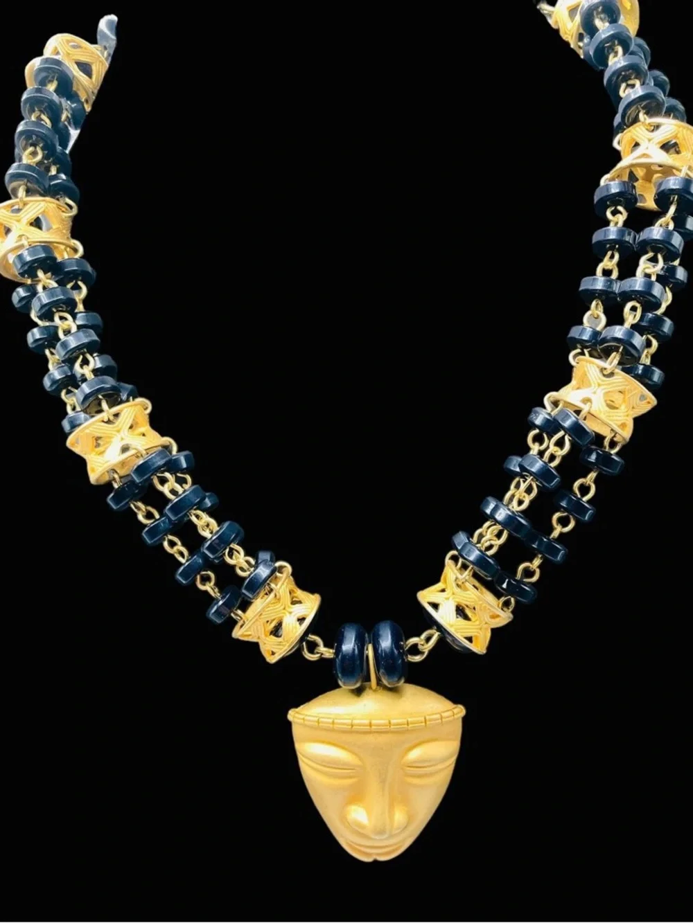 Vintage Tribal Mask Navy Lucite Bead Necklace 1980’s.